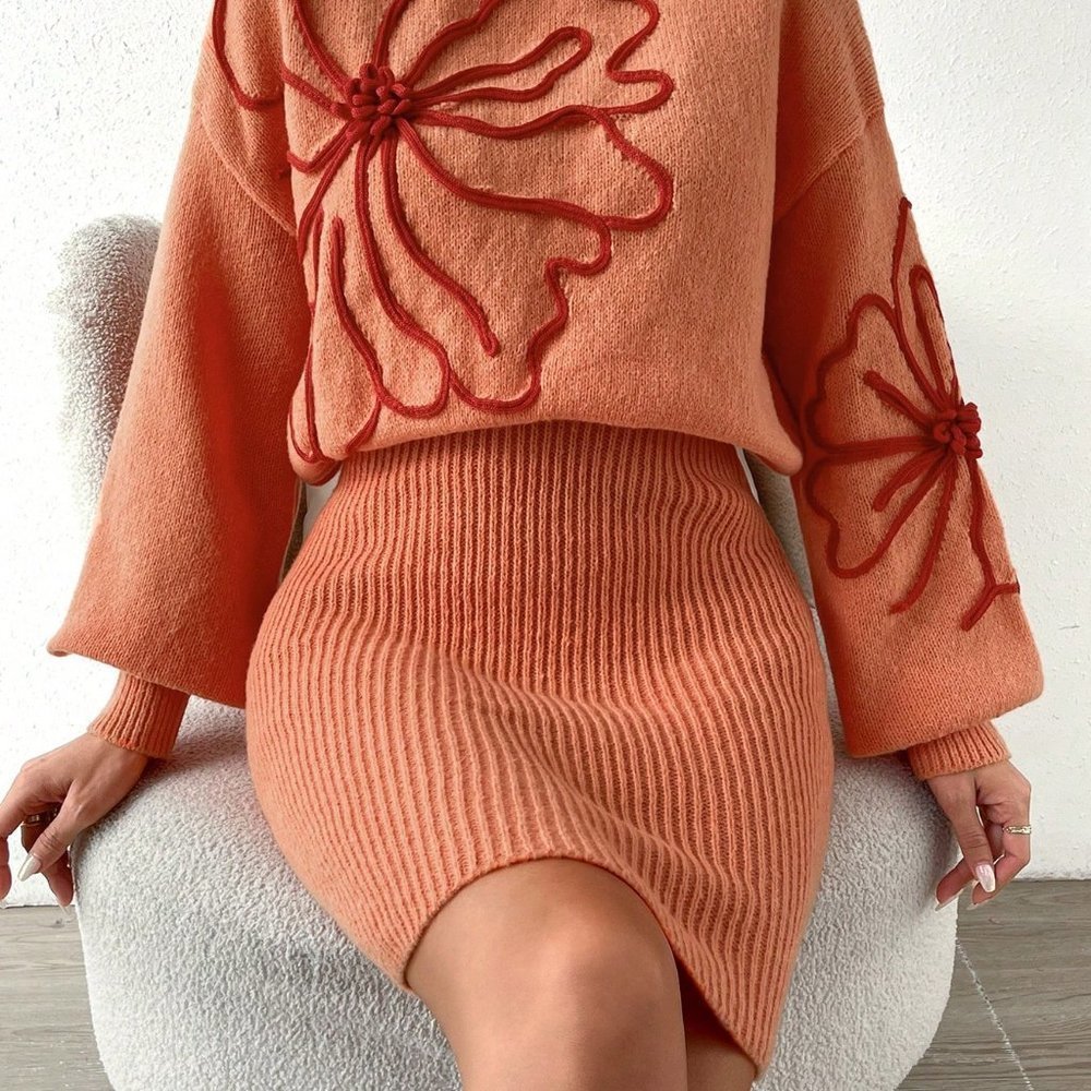 Orange Casual Womens Floral Pattern Mock Neck Drop Shoulder Sweater Dress - Picture 2 of 5